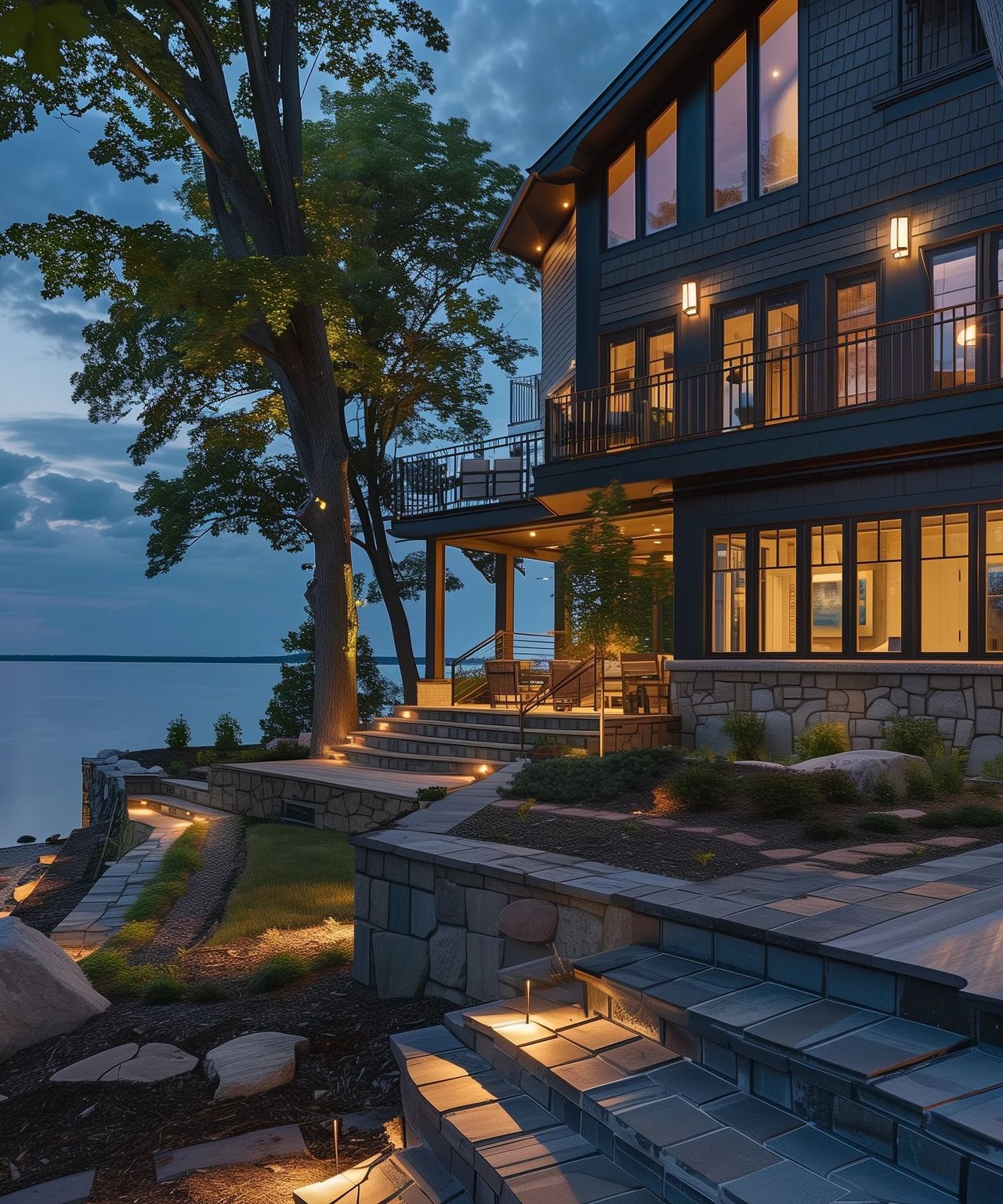 Modern lakeside home at dusk, with illuminated decks, broad stone steps, and mature trees beside the water.