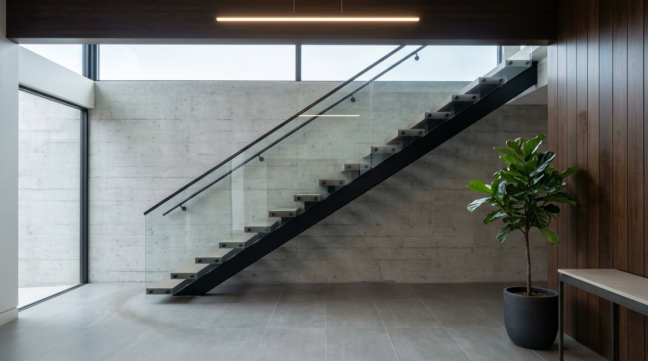 Floating staircase with glass railing against a board-formed concrete wall, gray tile floor, and potted fiddle-leaf fig.