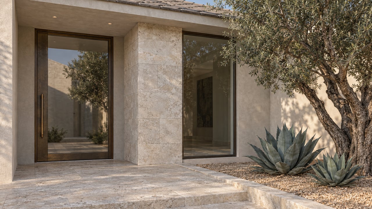 A recessed luxury-home entrance with limestone paving, bronze-framed glass, pale stucco and a sculptural olive tree beside two agaves.