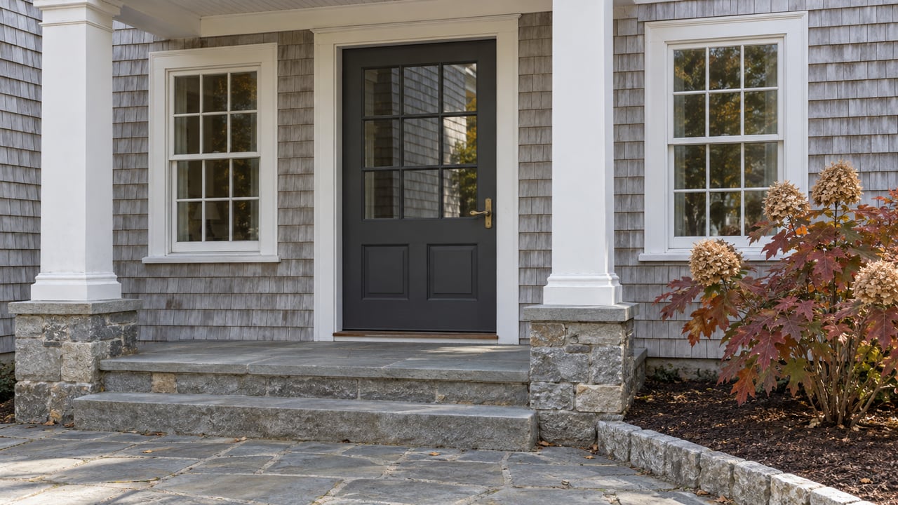 Weathered cedar-shingle home entry with charcoal door, matching white-trimmed windows, stone steps and copper-red oakleaf hydrangea.