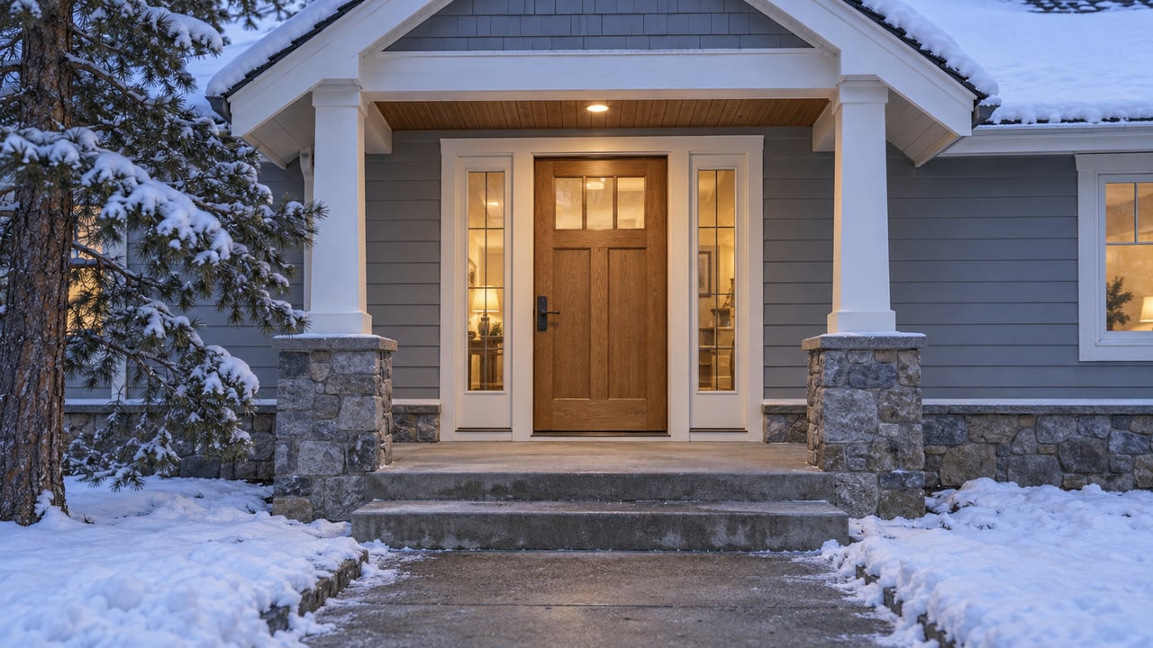 Snow-edged covered entry with a wood door, gray siding, stone porch foundation and a mature eastern white pine.