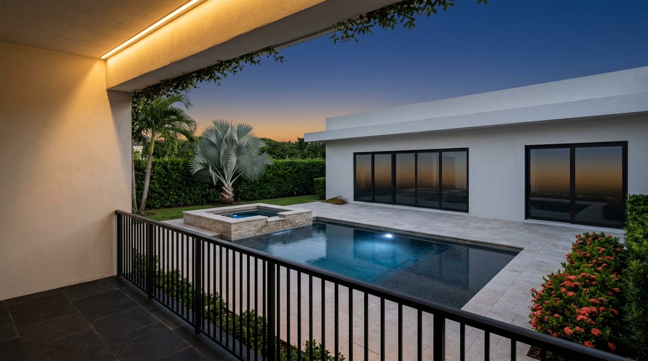Private pool terrace with a raised travertine spa, silver-blue palm, and white stucco home beneath an indigo dusk sky.