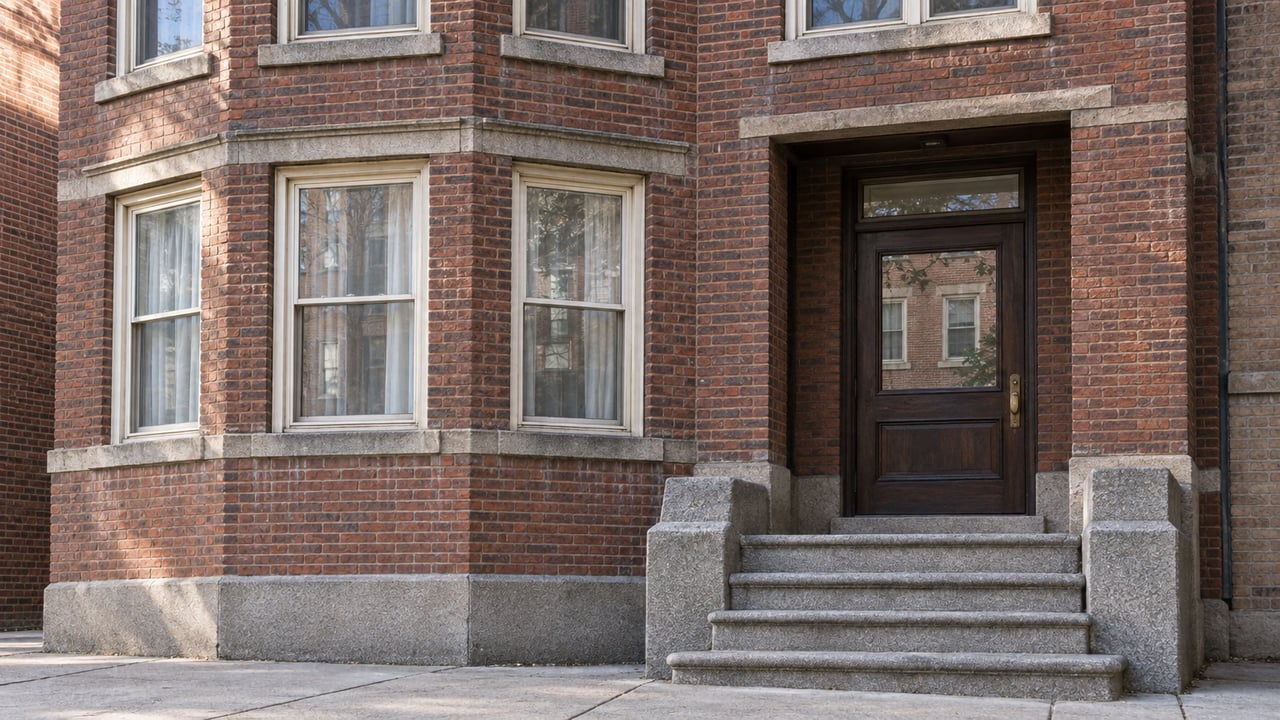 Sunlight falls across a red-brick home's bay windows, recessed oak entrance, and worn granite front steps.