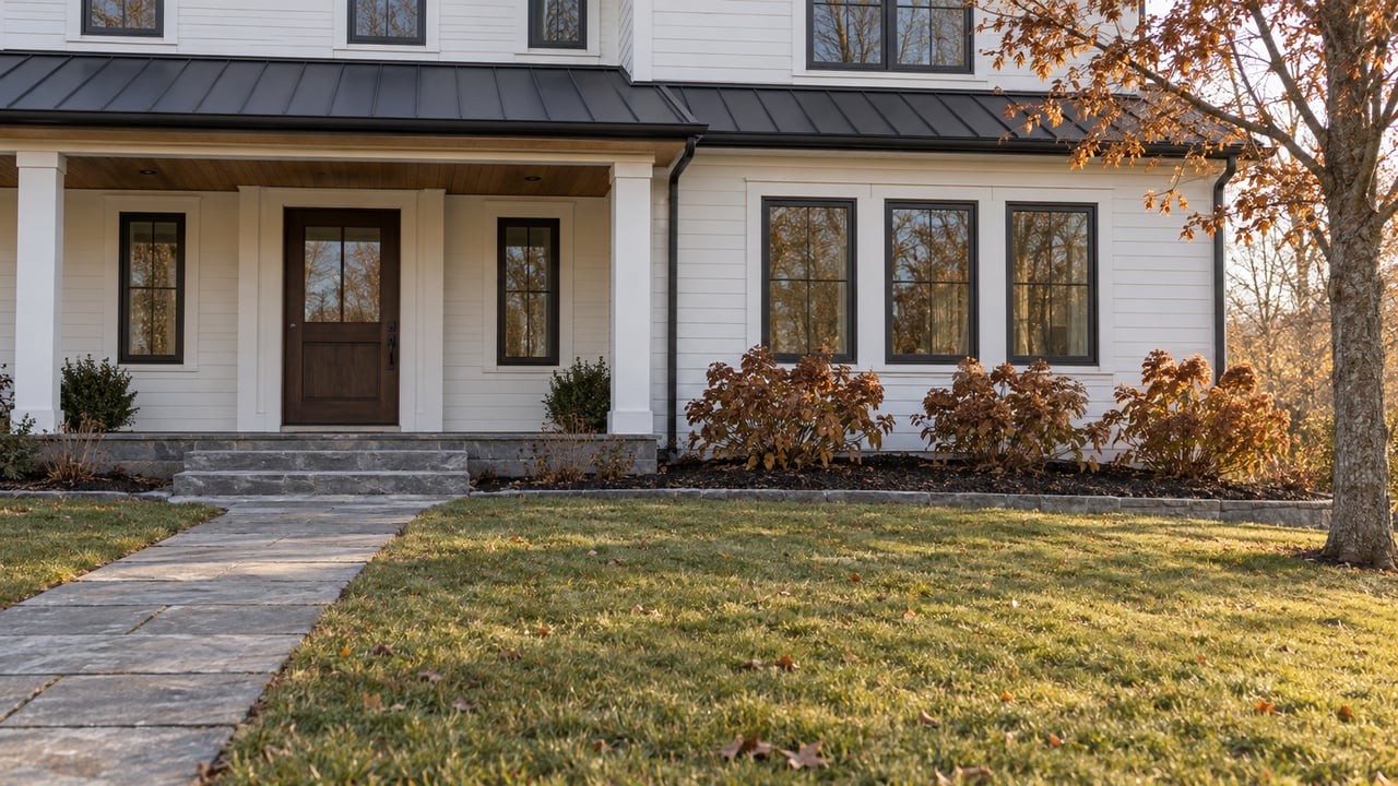 Warm-white farmhouse with a limestone porch and walk, broad autumn lawn, and copper leaves on a mature maple.