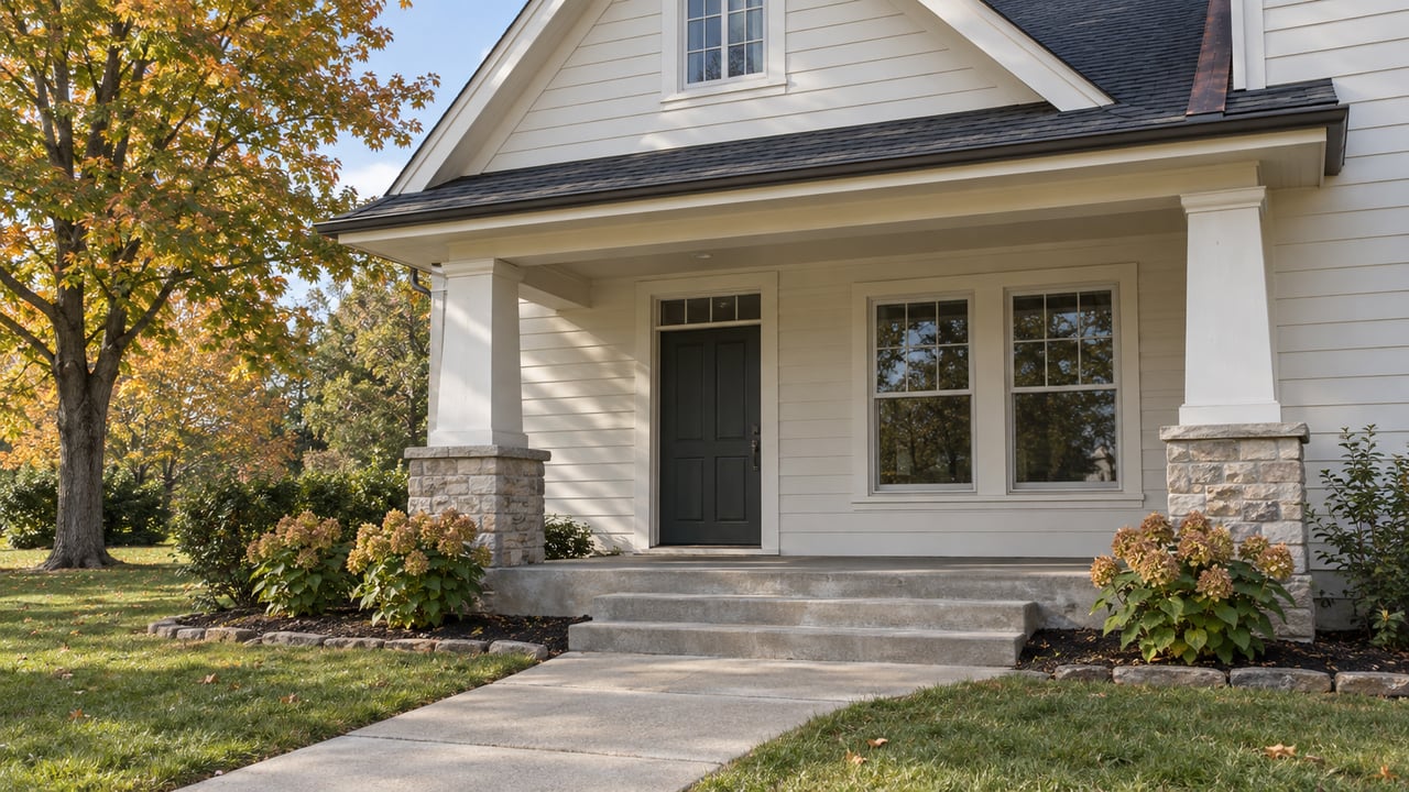 Cream-sided home with a steep dark gable, limestone porch piers and a broad walk framed by autumn lawn and a turning sugar maple.