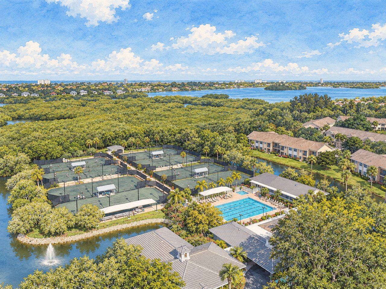 Aerial view of a residential community with tennis courts, a pool, waterways, and homes.