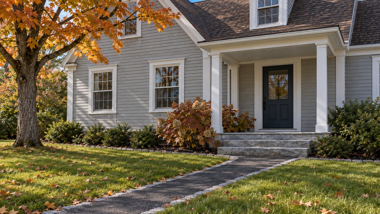 Autumn lawn and granite-edged walk approaching a gray clapboard house with white trim and a covered front porch.