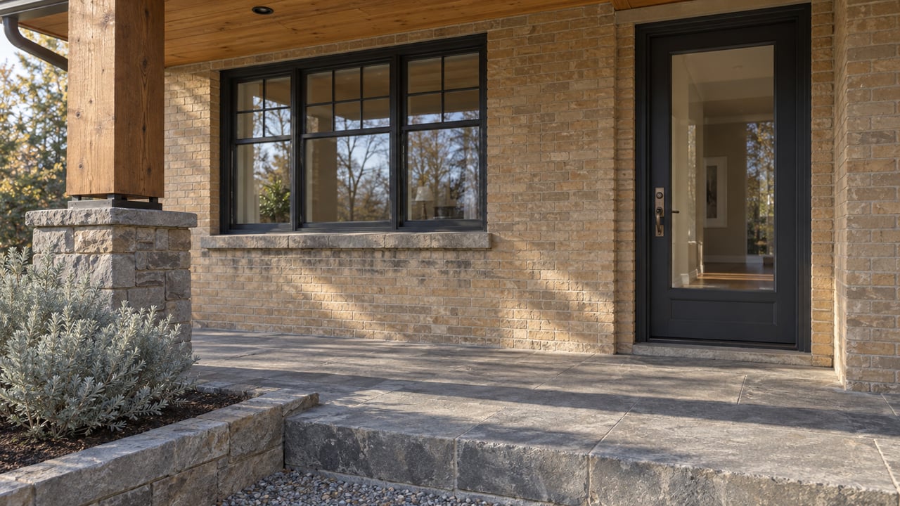 Winter afternoon light on a brick bungalow entry with a timber porch post, black-framed window, stone paving and silver sagebrush.