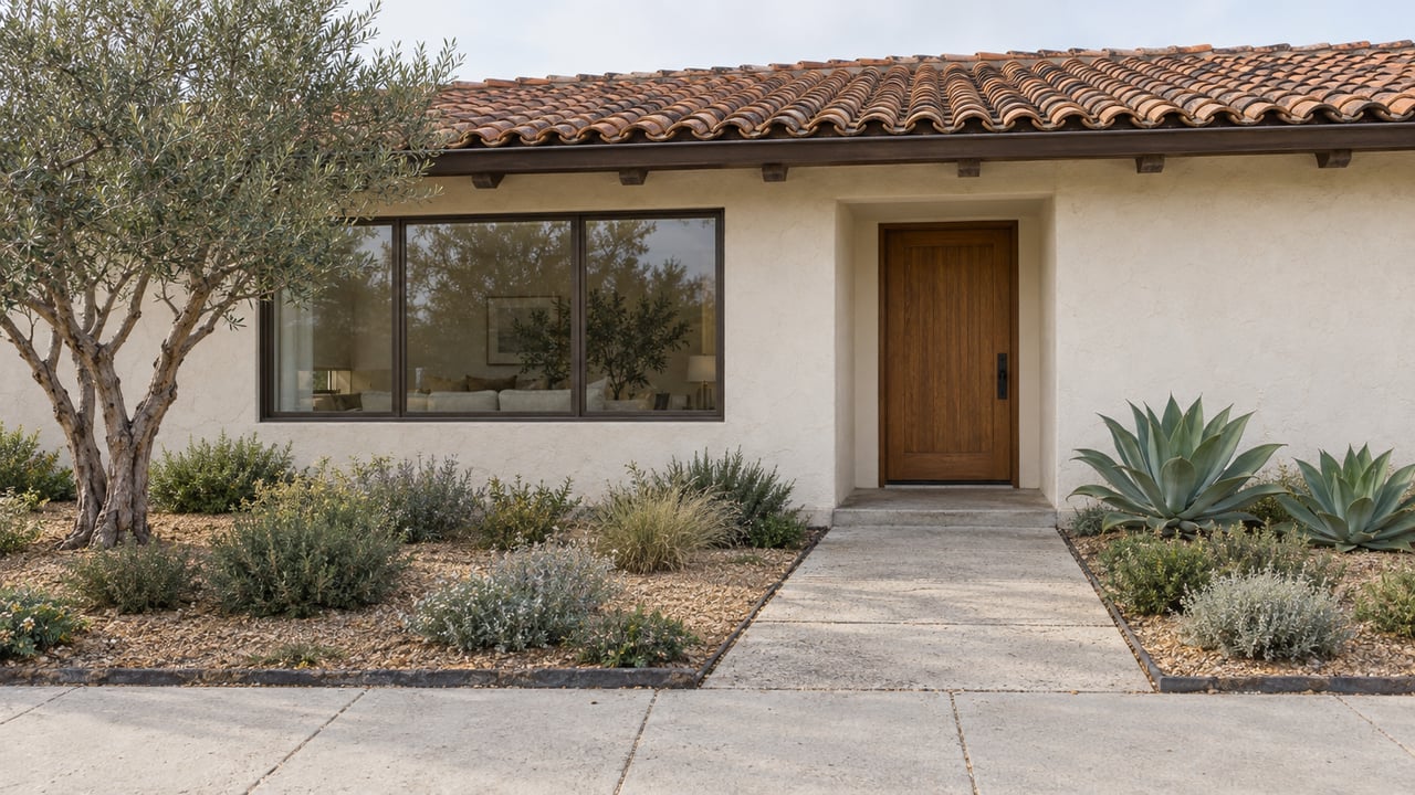A weathered ivory stucco home with a tile roof, oak entry door, olive tree, and agave plants.