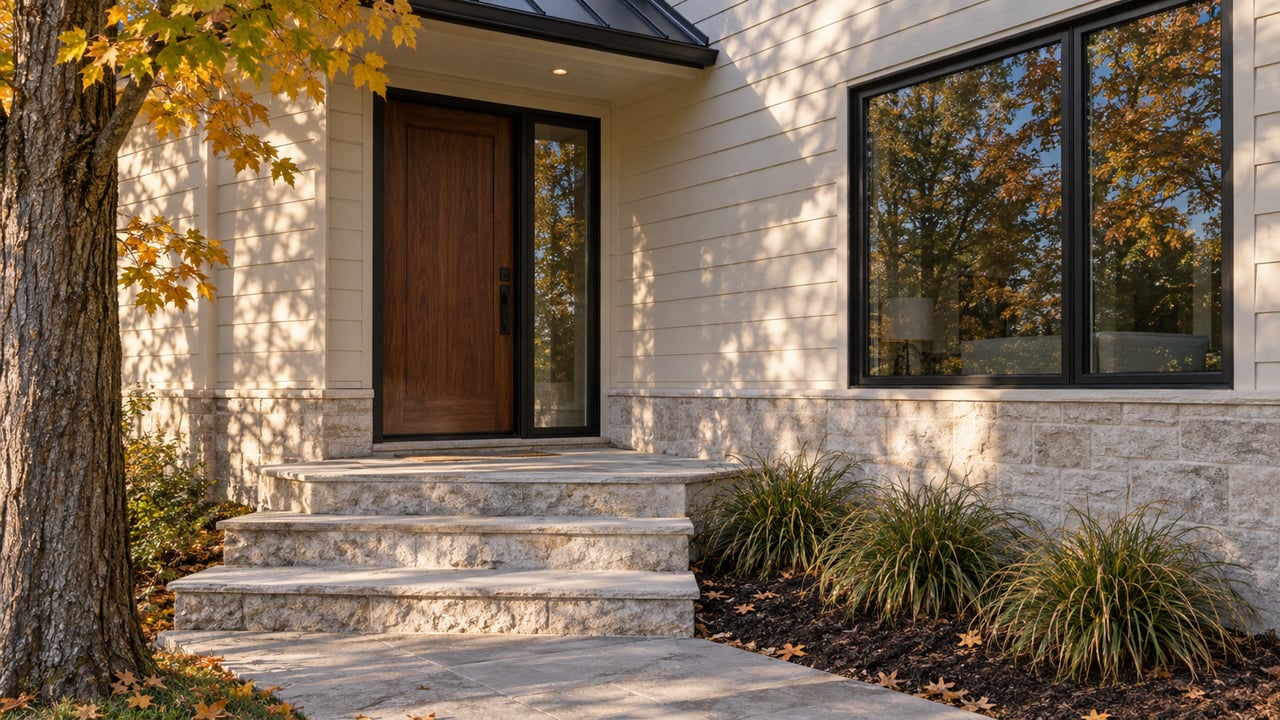 Off-white house entry with walnut door, limestone steps, black-framed window, and maple leaves at the edge.