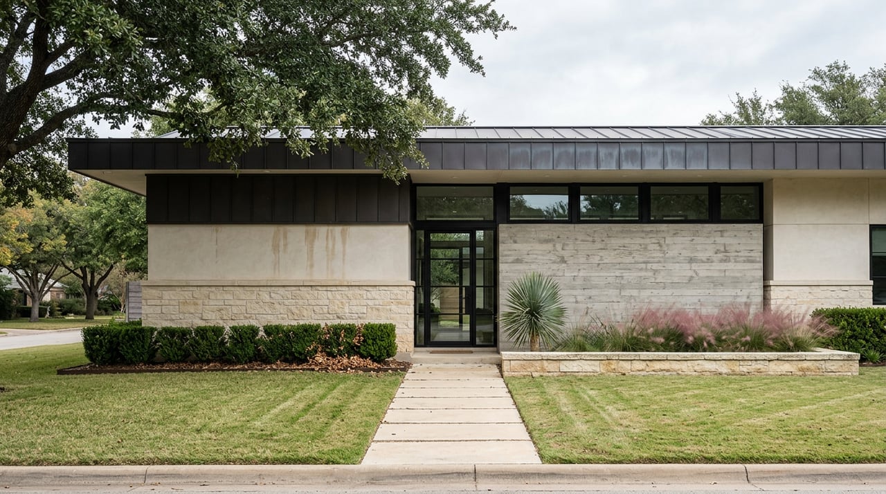 Single-story home with limestone and board-formed concrete facade, black-framed windows, and a paver walk beneath a live oak.