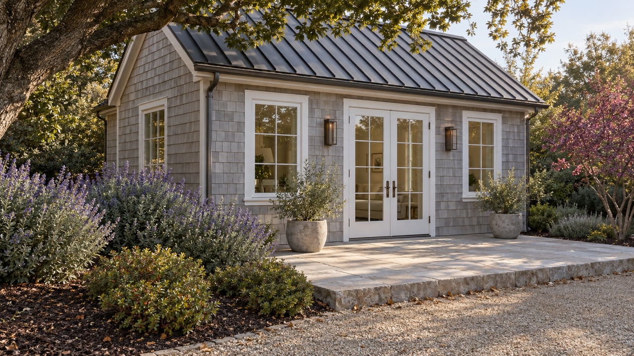 Gray-shingled garden cottage with white French doors, a pale stone landing, and gravel paths beneath mature trees.