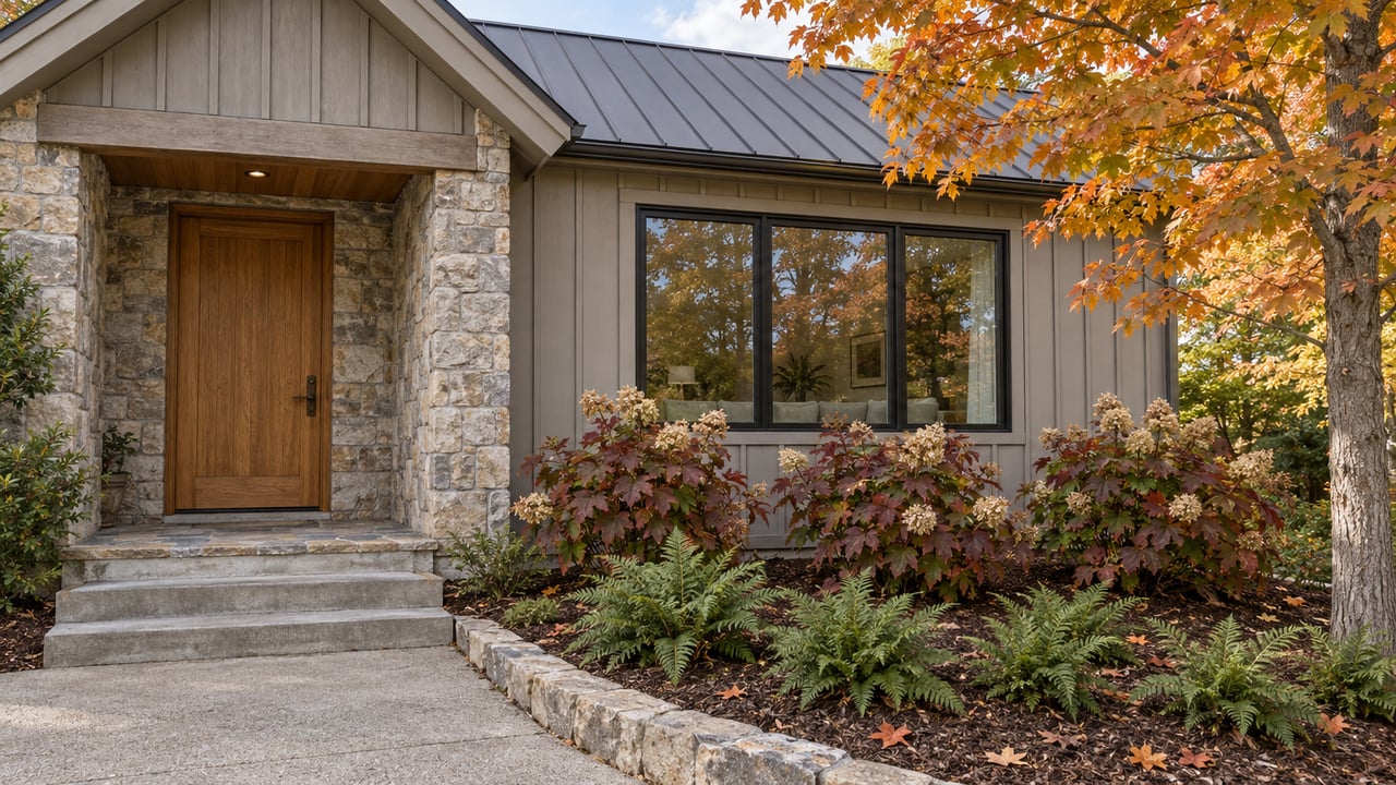Autumn maple canopy beside a gray board-and-batten home with a stone entry, timber door, and planted concrete approach.