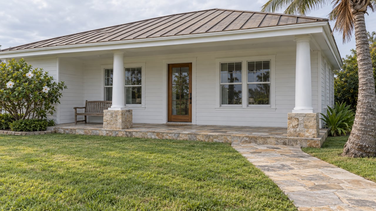 White timber home with a bronze metal roof, shaded veranda, buff stone path, and a wind-shaped coconut palm beside a deep front lawn.