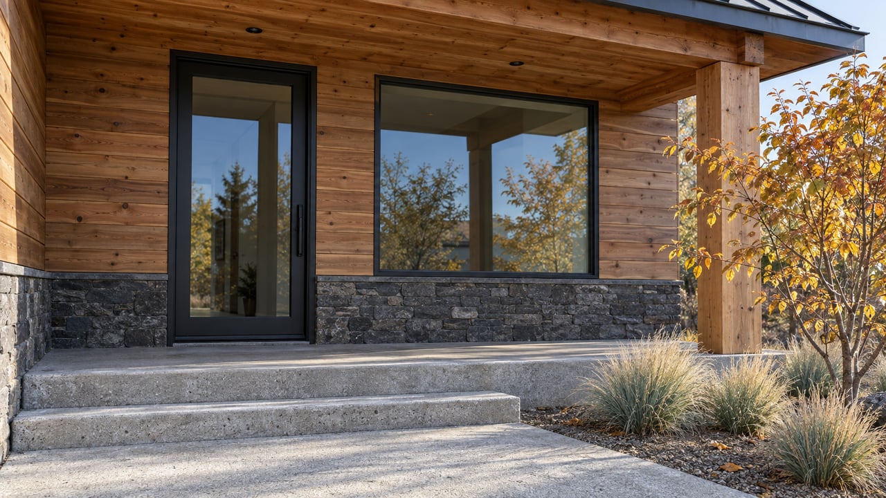 Morning light on a cedar-clad home's covered entrance, black-framed glazing, basalt wall base and concrete steps beside autumn serviceberry foliage.