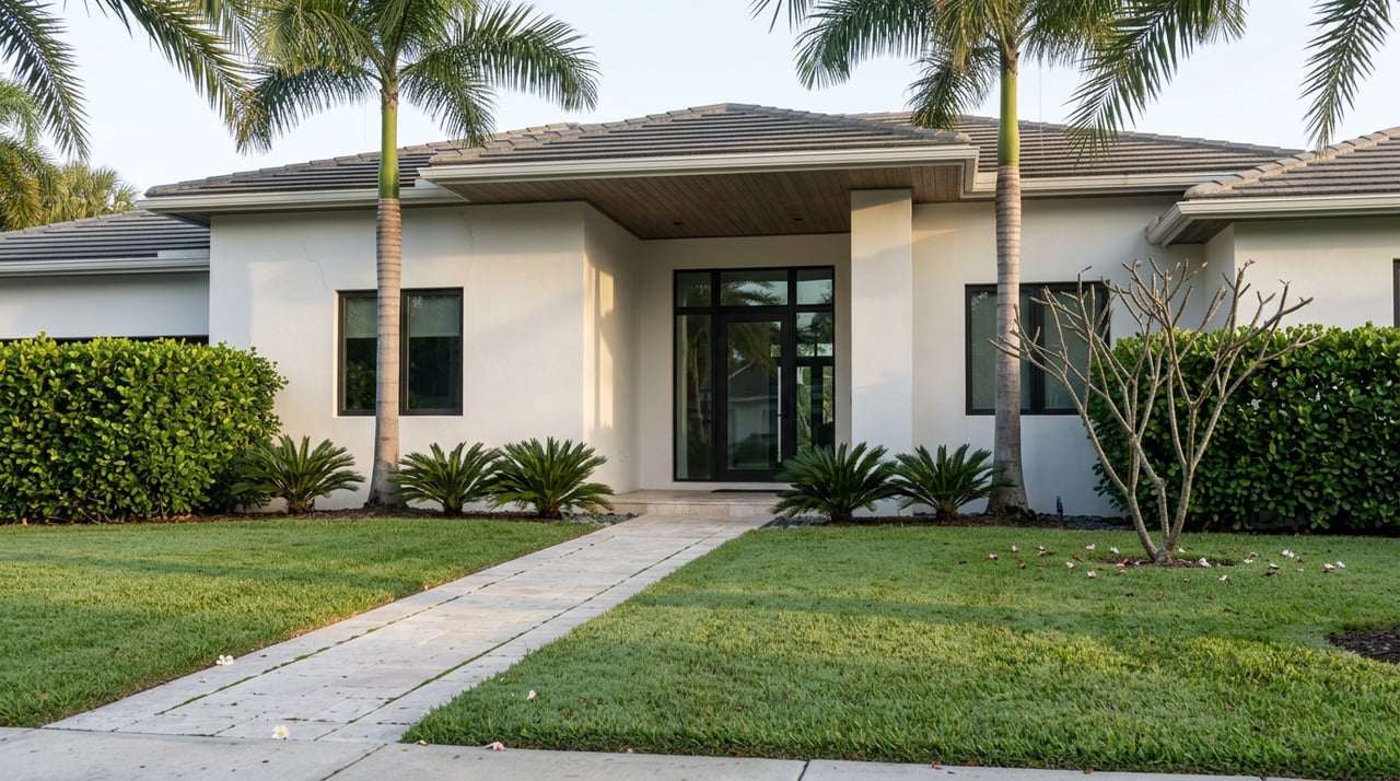 White stucco home with a recessed glass entry, travertine walkway, palms, and a dew-covered front lawn.