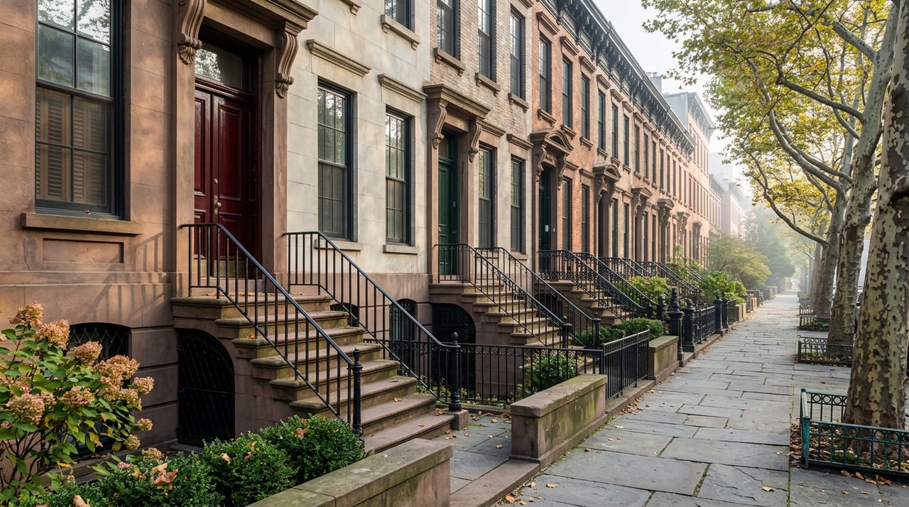 Masonry rowhouses recede beneath yellowing plane trees, with stone stoops, iron railings, and a red entry door.