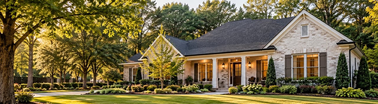 Illustration of a landscaped ranch-style home, not Michael and Emily’s actual property