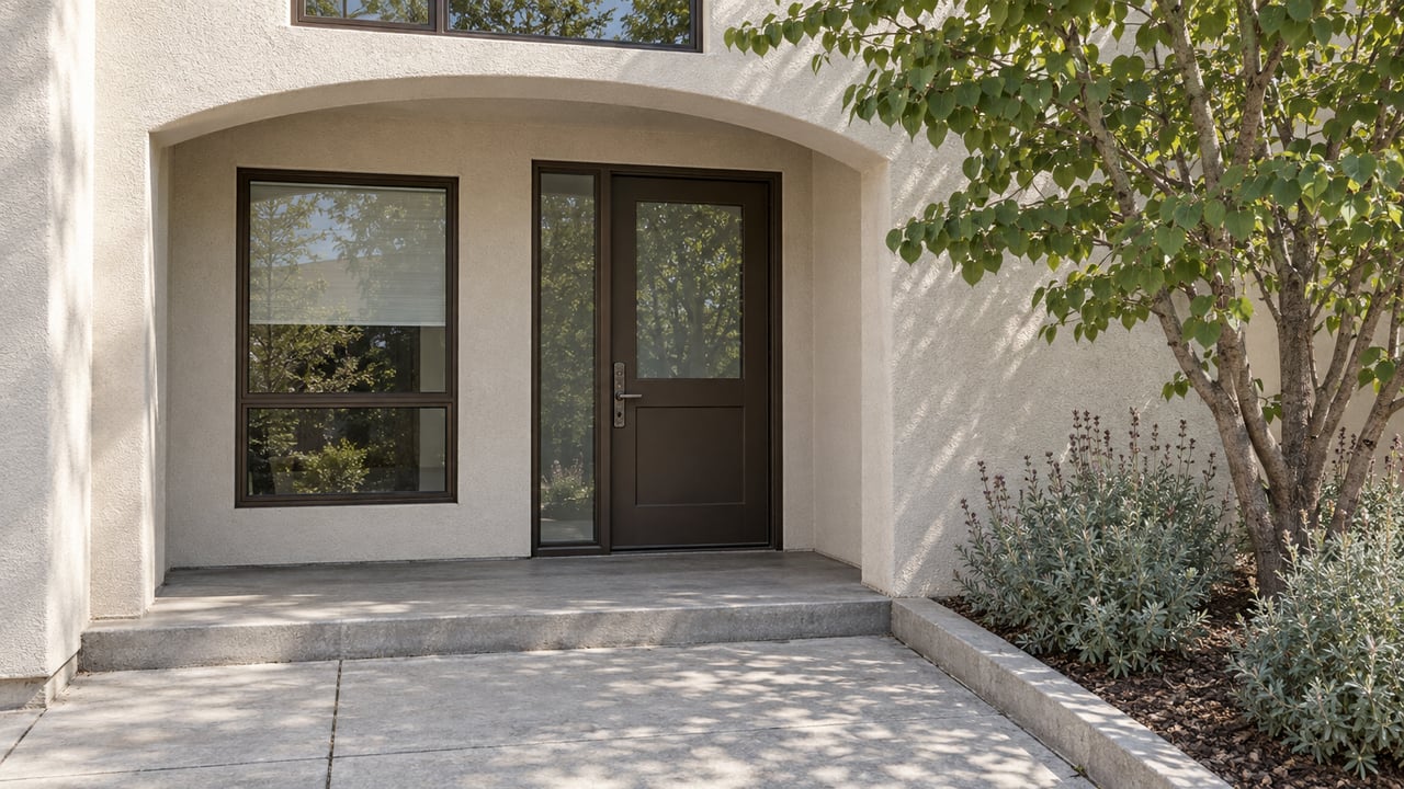 Warm-white stucco townhome entrance with a shallow arch, bronze-framed glazing and a small curated planting bed beside a concrete approach.
