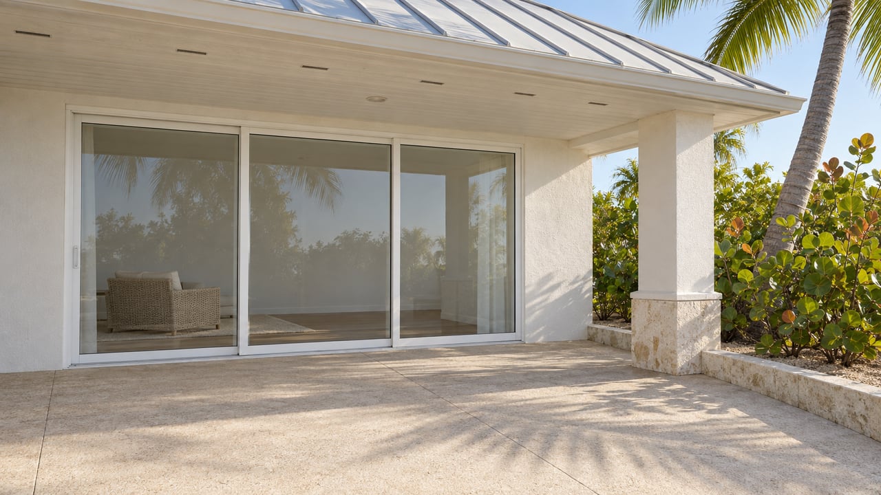 Sunlit covered terrace with pale stucco, enclosed sliding glass doors, salt-softened metal roofing and carefully placed tropical planting.
