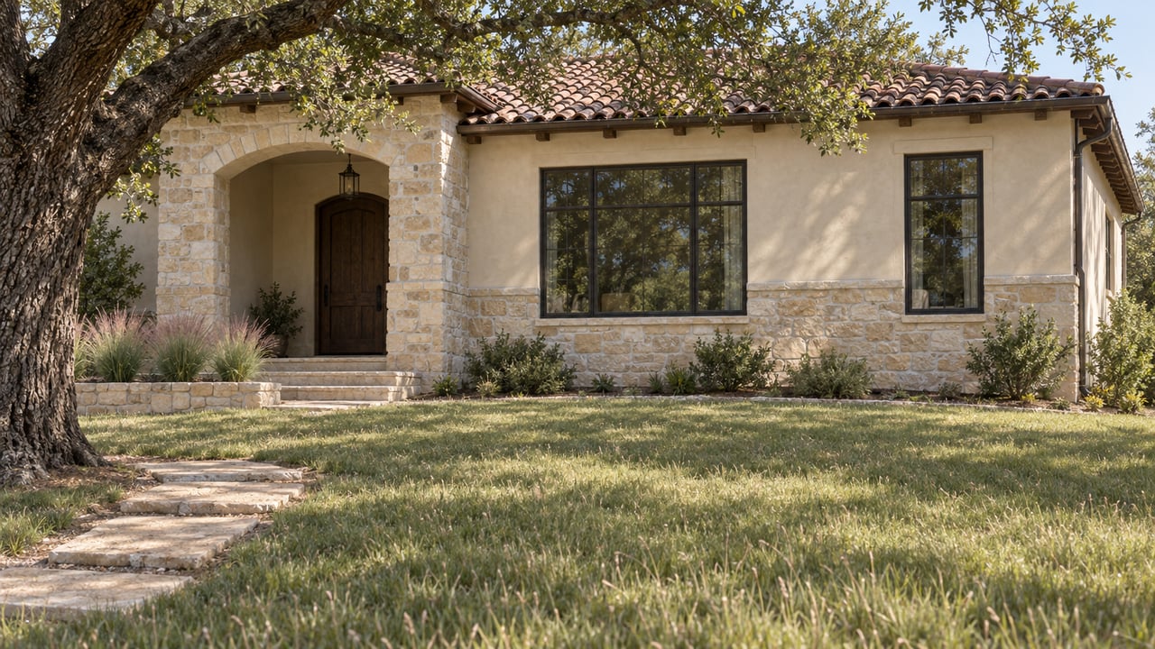 Single-story limestone and ivory stucco home with an arched porch, lawn, stepping stones, and oak canopy.