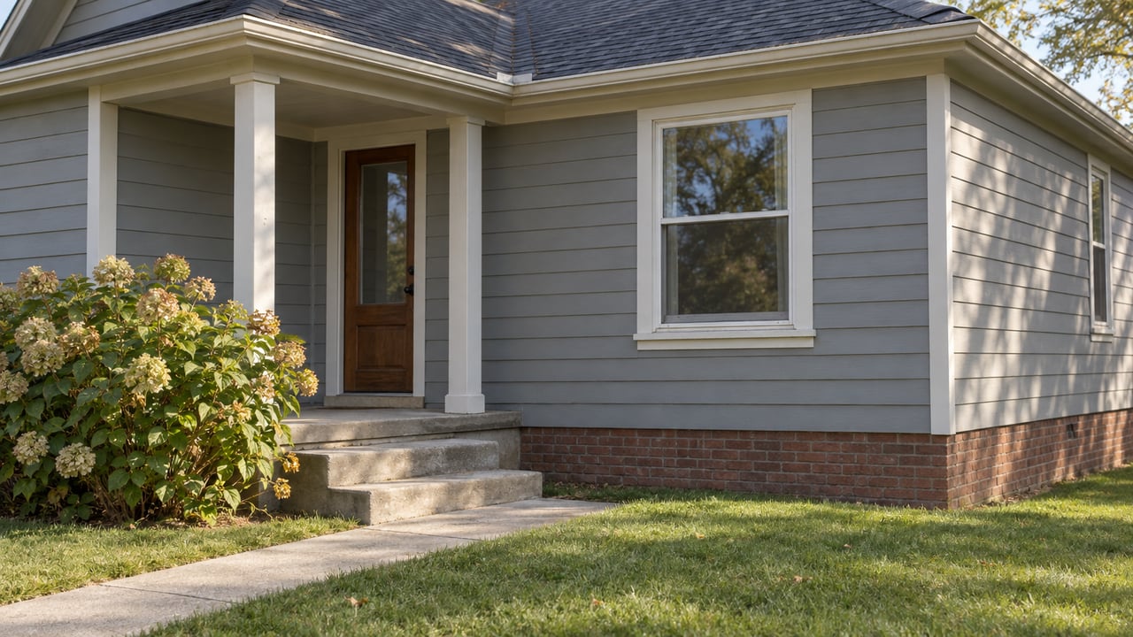 Modest bungalow with gray siding, recessed entry, brick foundation, and concrete steps above a front lawn.
