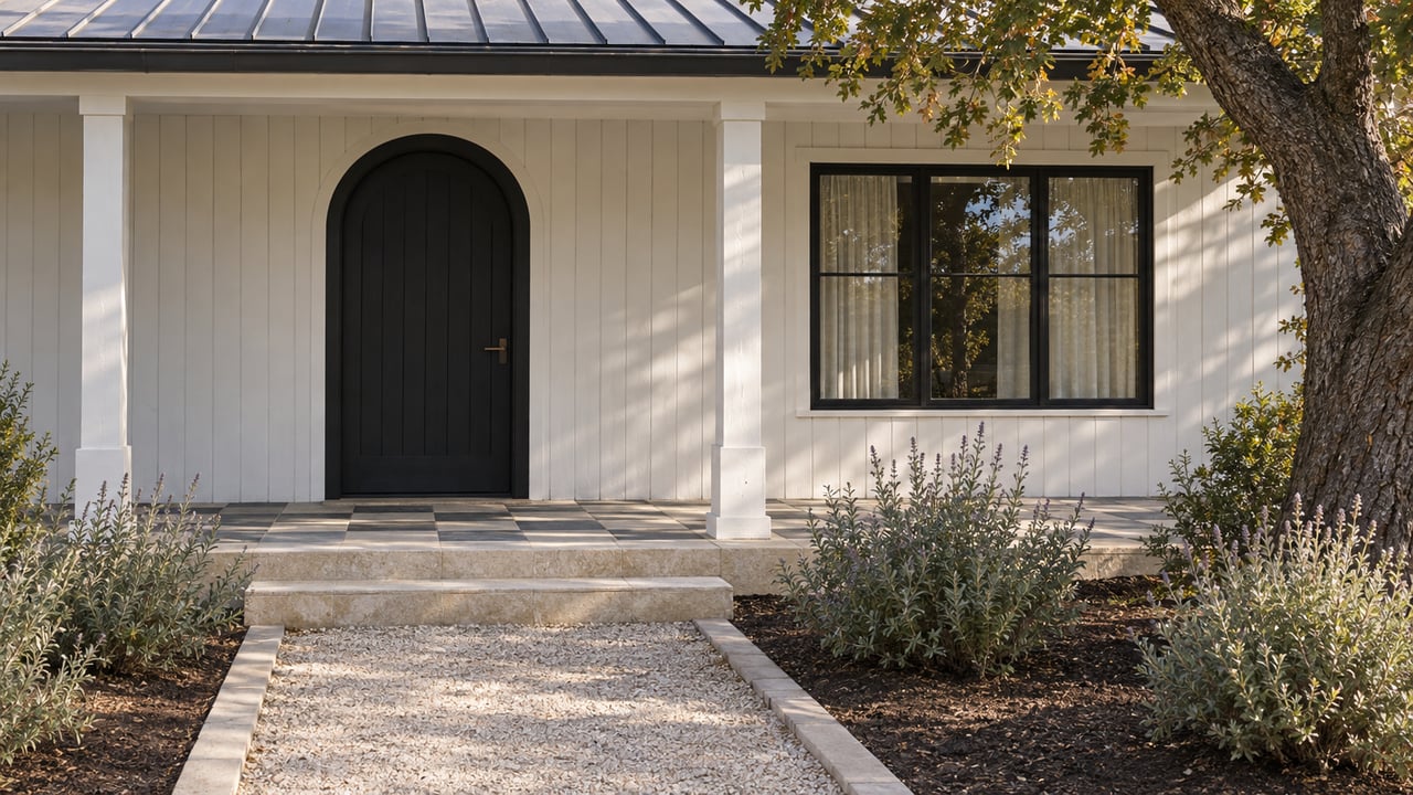 White timber home's sheltered entrance with an arched black door, stone paving, a mature oak and silvery sage beside a gravel approach.