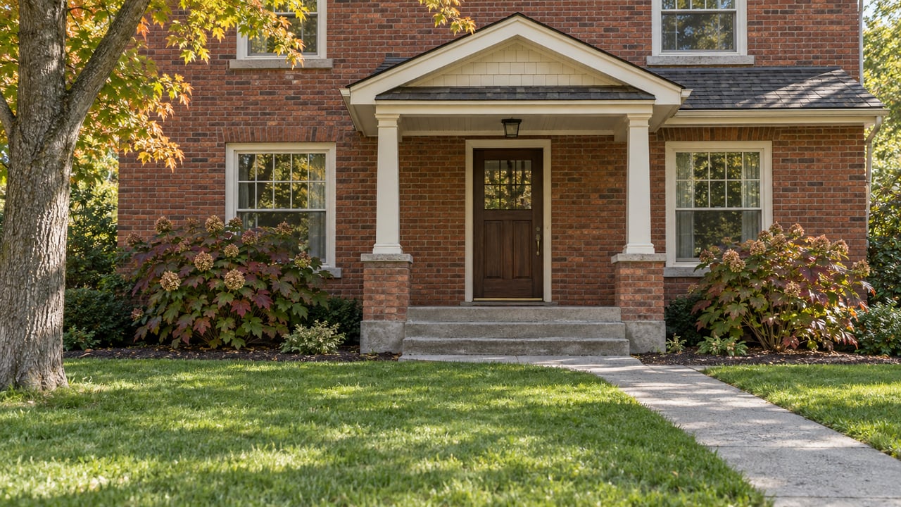Older russet-brick home with a cream-trimmed porch, oak front door, lawn and oakleaf hydrangeas in soft daylight.