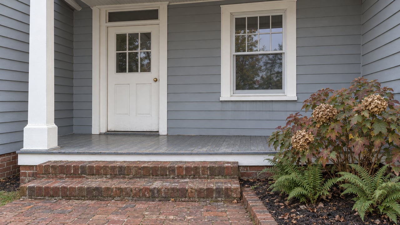 Gray wood-sided home entrance with a white glazed door, raised painted porch, worn brick steps and autumn oakleaf hydrangea.