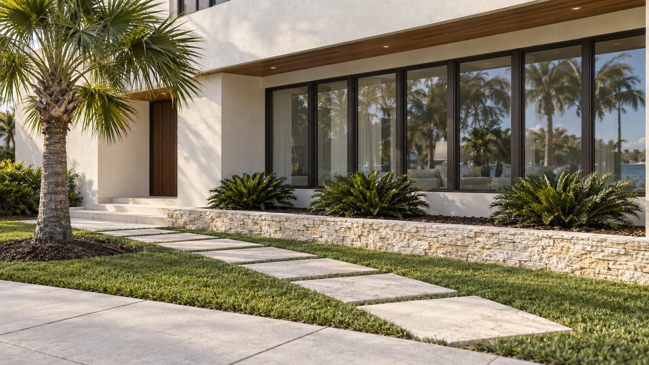 Off-white stucco home with dark-framed windows, a limestone path, fan palm, and cycads.