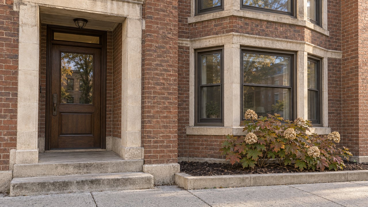 Warm brick apartment entrance with a glazed oak door, bronze-framed bay windows, worn limestone steps, and one autumn oakleaf hydrangea.
