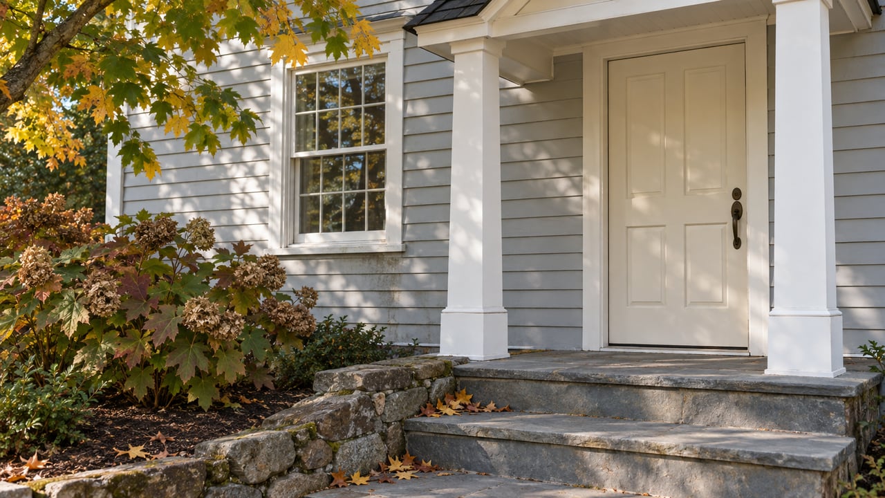 Cream paneled entry door beside a sash window, above worn bluestone steps and a fieldstone cheek wall.