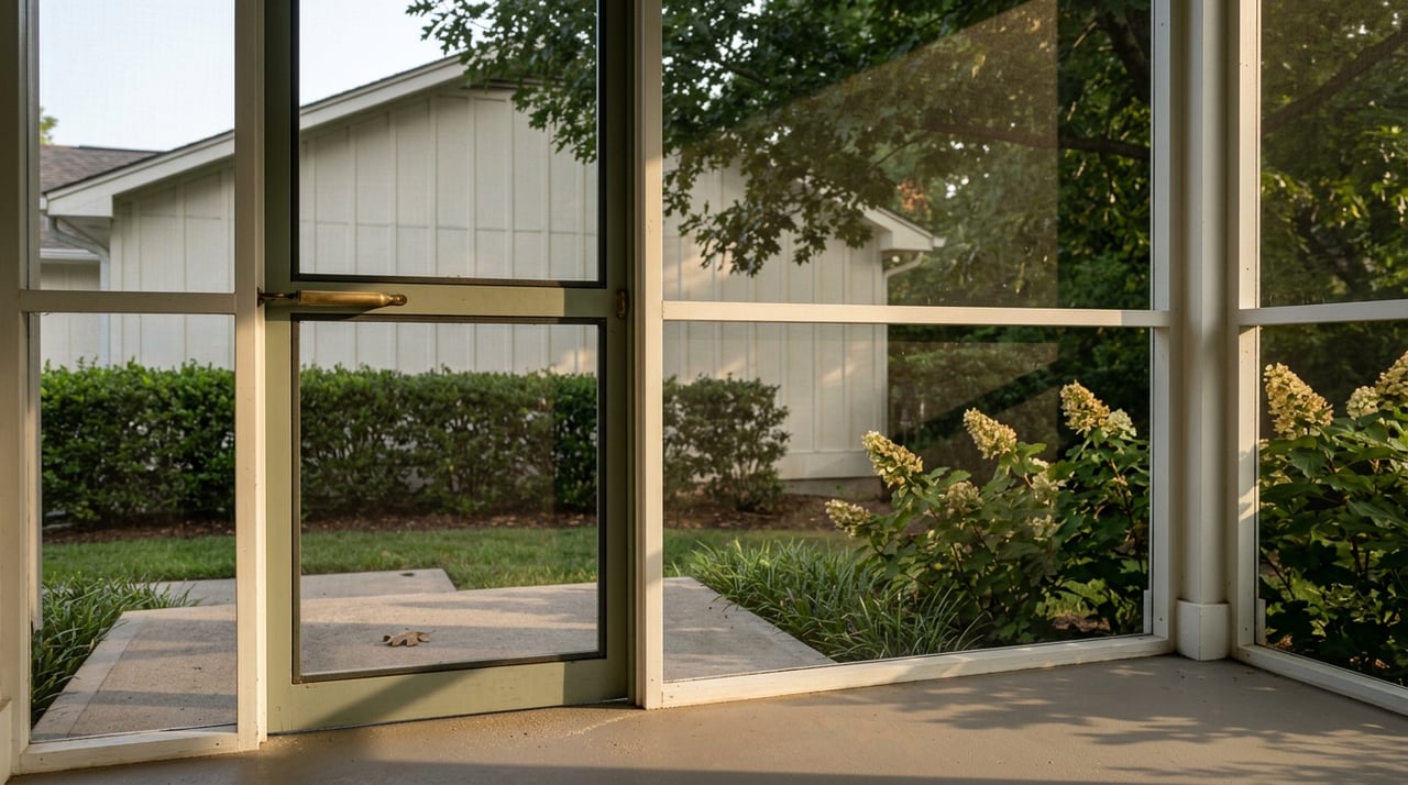 Sage-green screen door opens onto a concrete step, clipped lawn, oak leaves, and a shaded backyard.