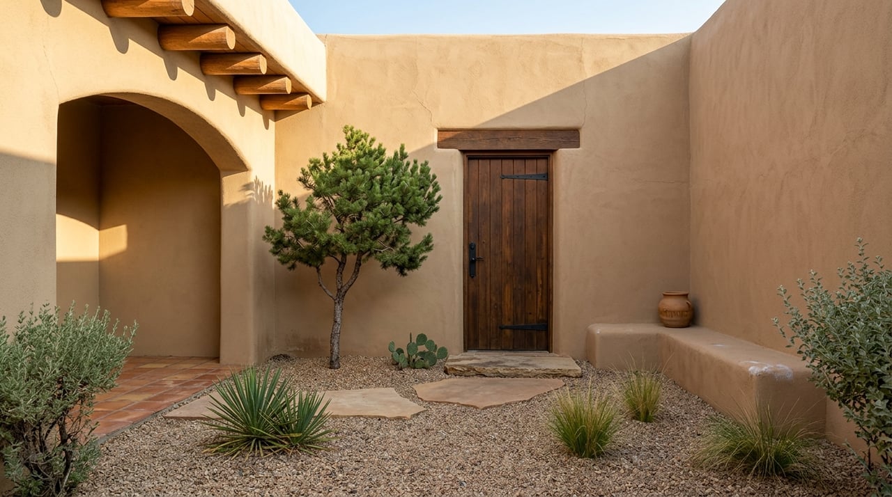 Walled stucco entry courtyard with a portal ceiling and desert planting.