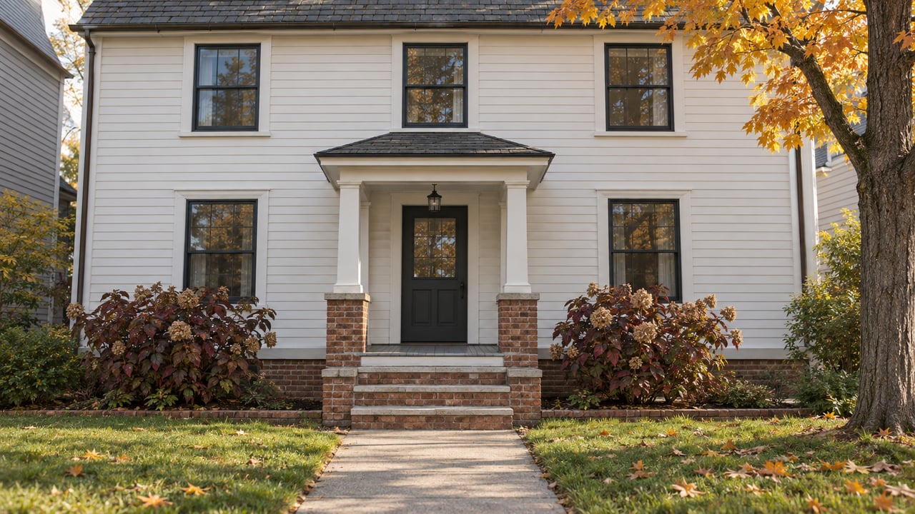 White clapboard house with dark window frames, brick entry steps and golden autumn maple foliage.
