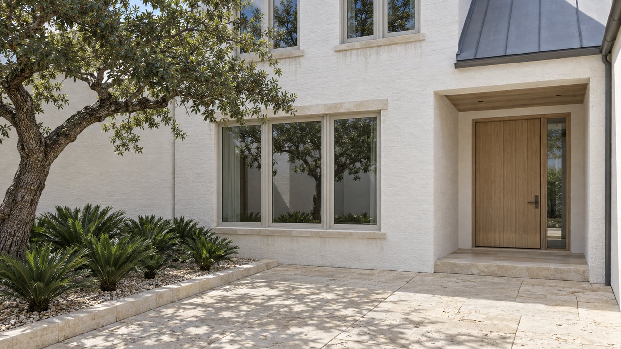 Sunlit white masonry home with a recessed oak entry, limestone courtyard and sculptural live oak.
