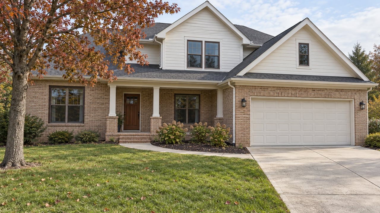 Two-story home with buff brick, cream siding, prominent gables and a broad front lawn in soft afternoon light.
