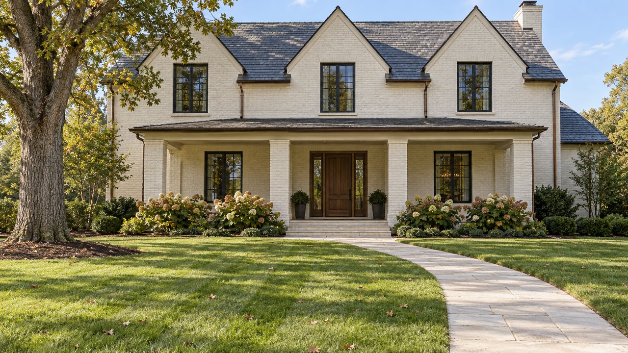Ivory painted-brick home with steep slate gables, black-framed windows, a raised limestone porch, and a deep lawn beside a mature white oak.
