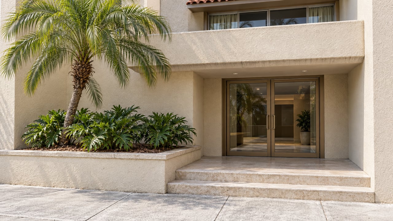 Sunlit pale-stucco condominium entrance with bronze-framed glass doors, limestone steps, a terracotta balcony canopy, and a palm in a raised planting bed.