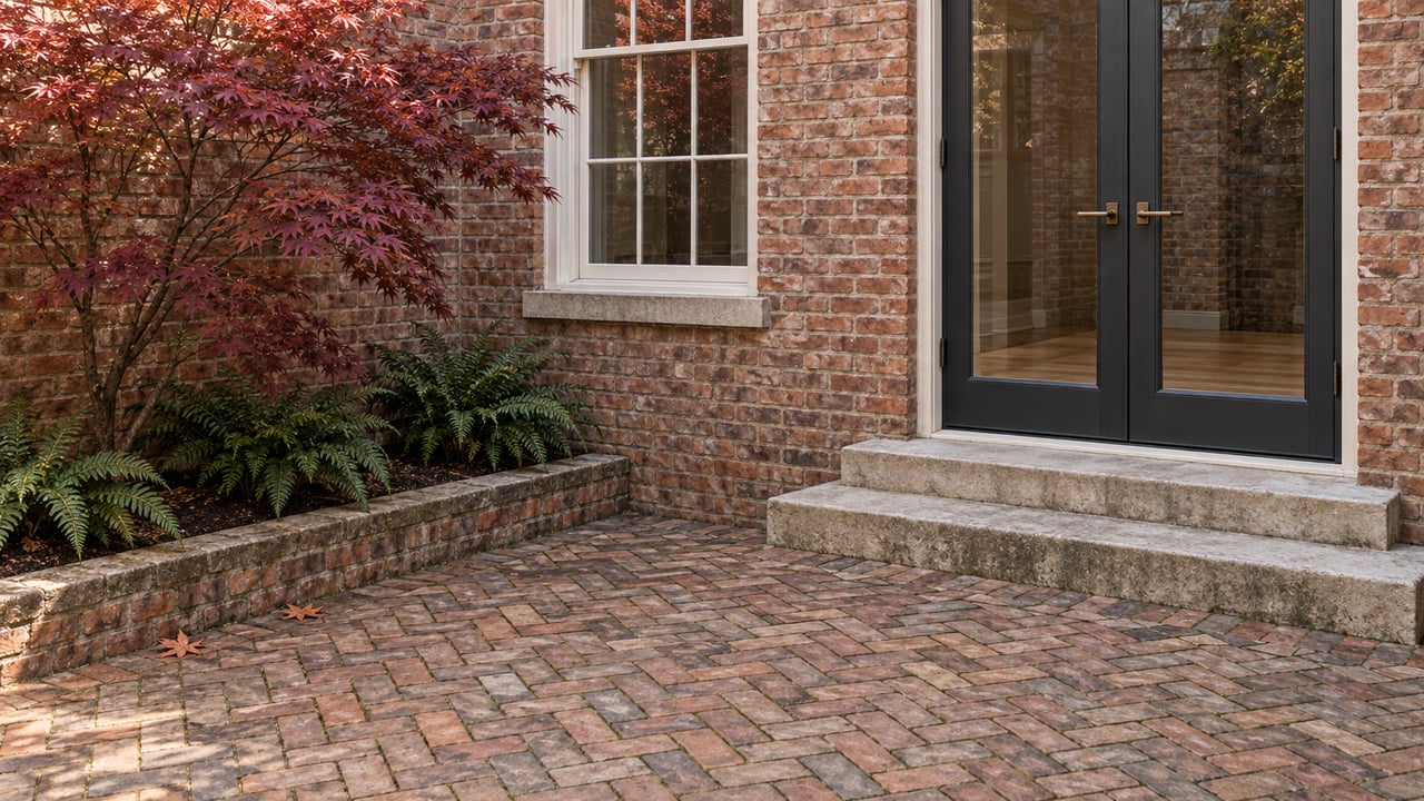 Brick townhome courtyard with glazed double doors, limestone steps, herringbone paving and a burgundy Japanese maple.