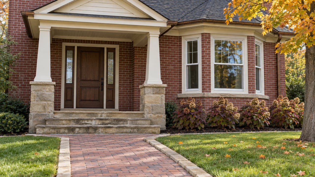 Autumn sunlight on a brick home's sandstone porch, cream trim and bay window beside a turning sugar maple.