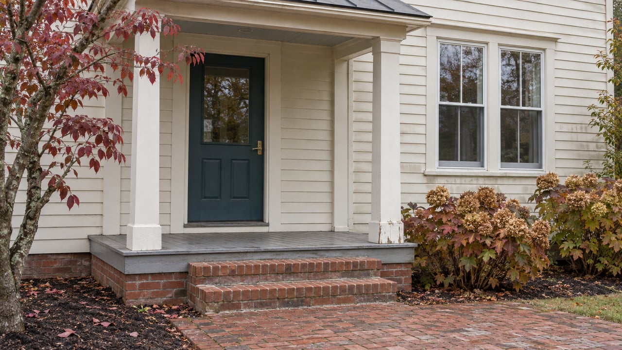 An established clapboard cottage entrance with a brick walk, weathered porch, and russet autumn planting.