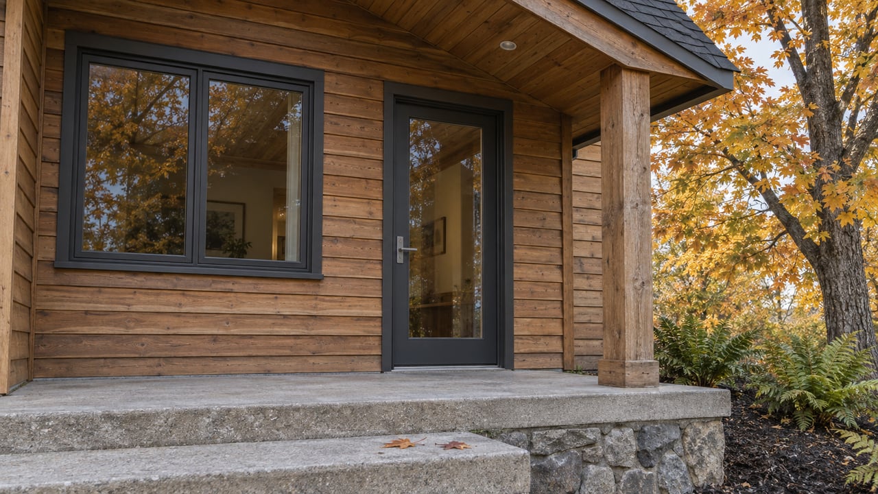 Cedar-sided home entry beneath a timber gable, with a concrete step, stone foundation and amber maple branches.