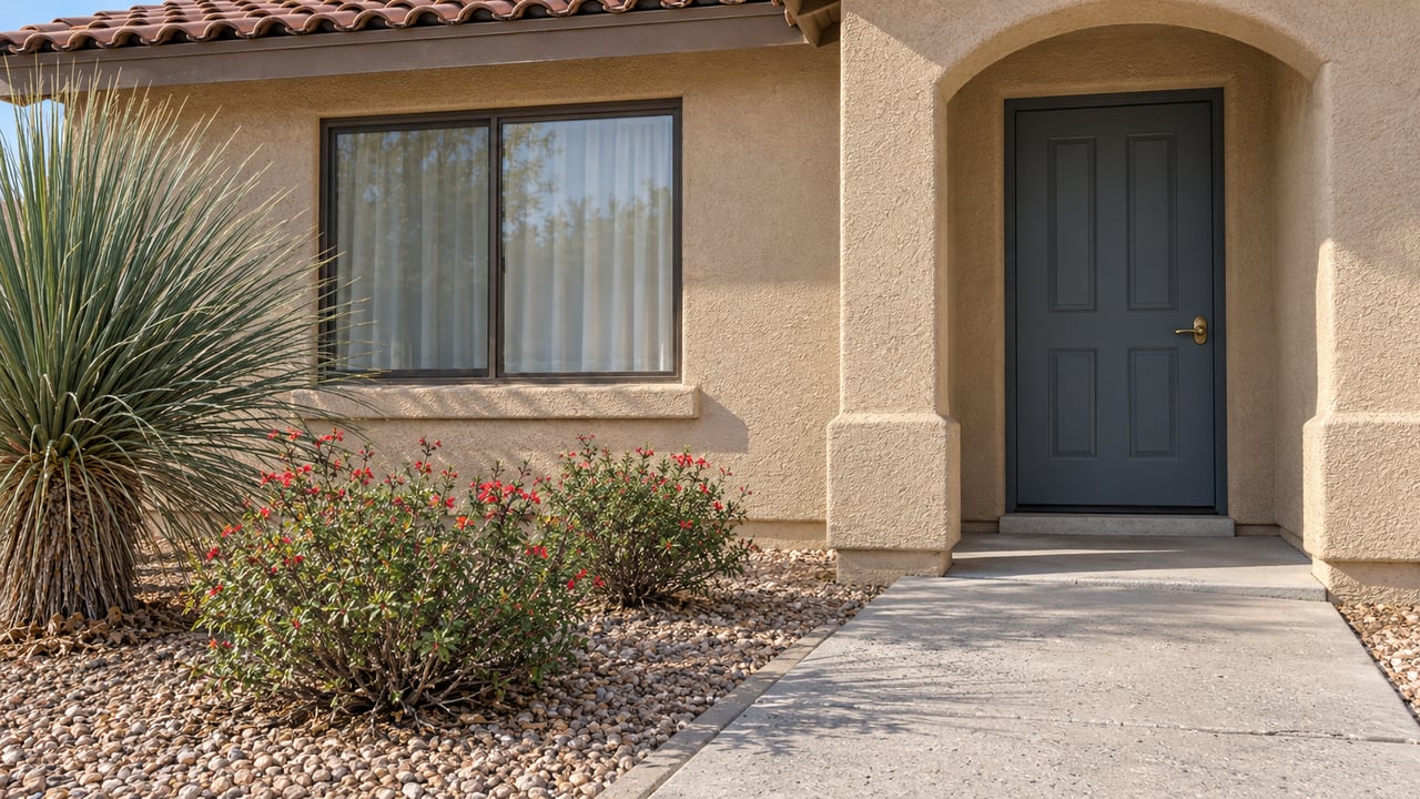 Sand-colored stucco home with clay-tile eaves, a blue-gray door beneath a shallow arch, and sculptural planting beside a concrete walk.