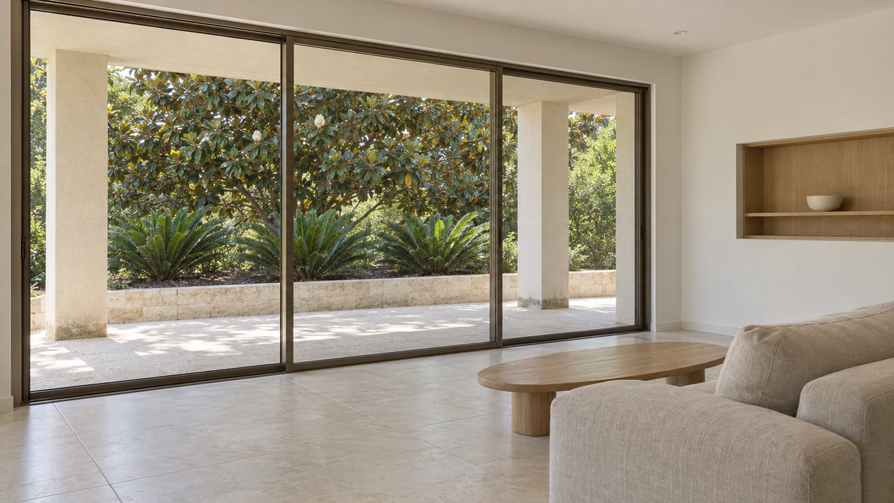 Sunlit living room with an oatmeal linen sofa, oak table and glazed doors overlooking a covered terrace and magnolia garden.