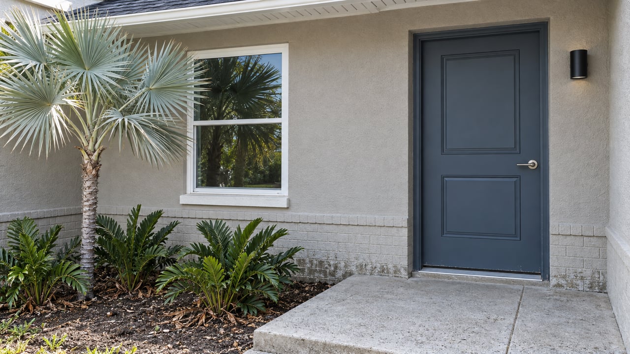 A modest stucco home's blue-gray front door and white-framed window beside a silver palm and planted concrete entry.