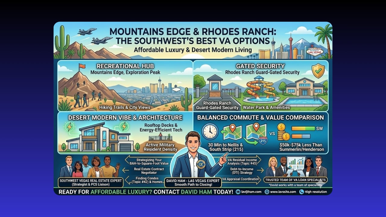 Infographic comparing Mountains Edge and Rhodes Ranch amenities, commute, home values, and VA homebuying services.
