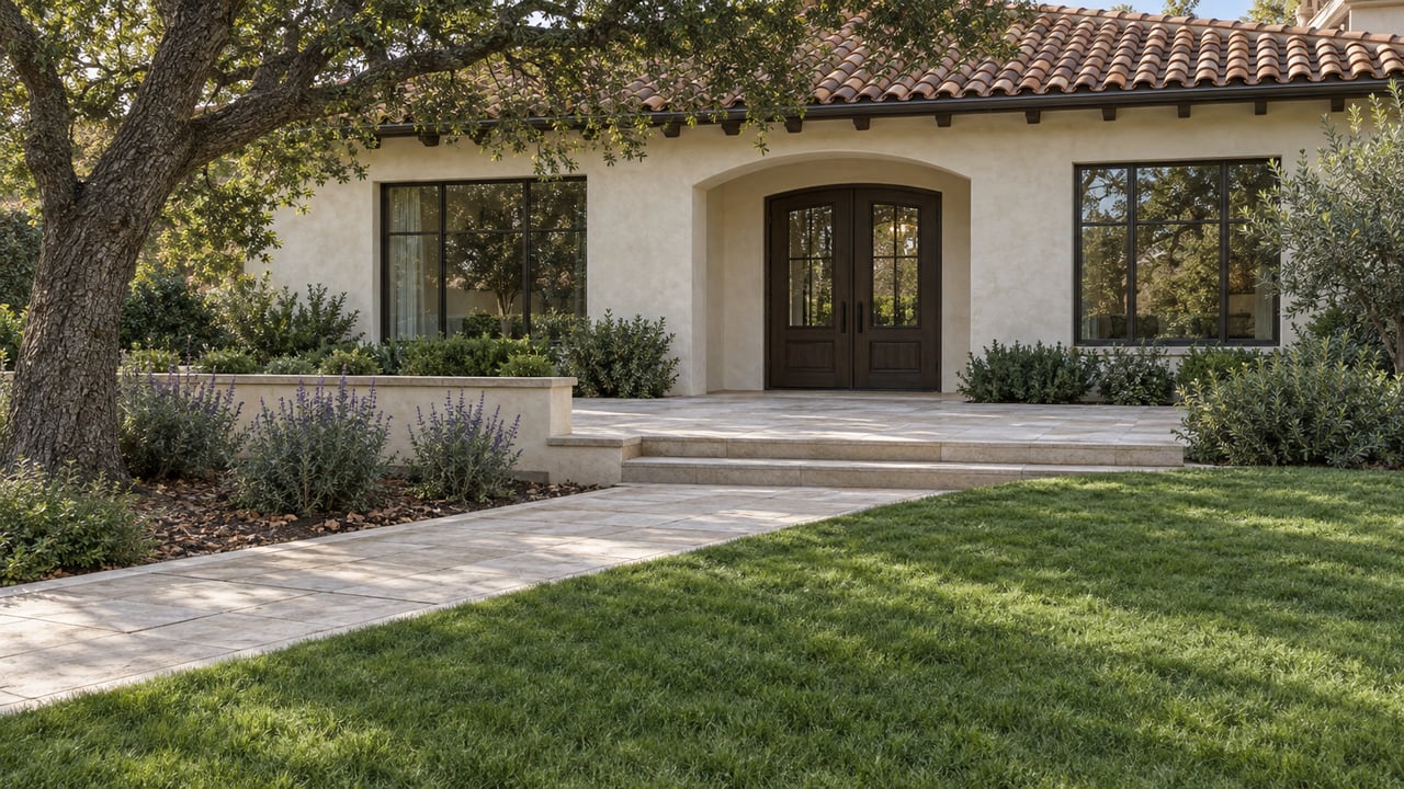 An elevated view across a broad garden lawn toward a stucco home with terracotta roof tiles, paired oak entry doors and a mature live oak.