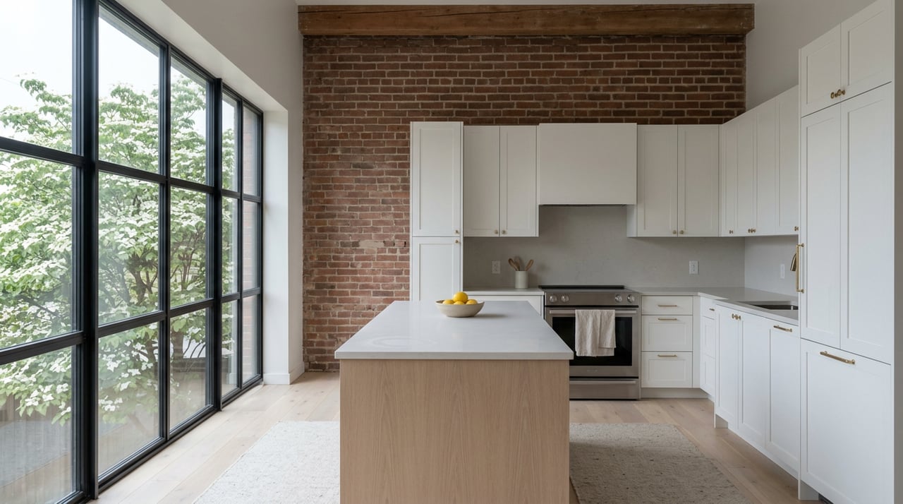 Loft kitchen with an oak island, exposed brick, and a steel-framed window overlooking a white-flowered dogwood.
