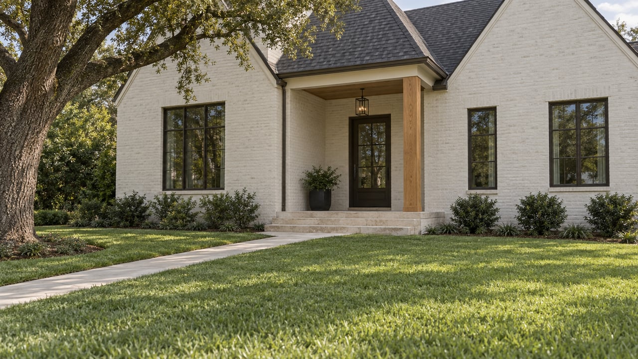 Off-white brick house with steep gables, a recessed porch, deep lawn, diagonal concrete walk, and mature oak.